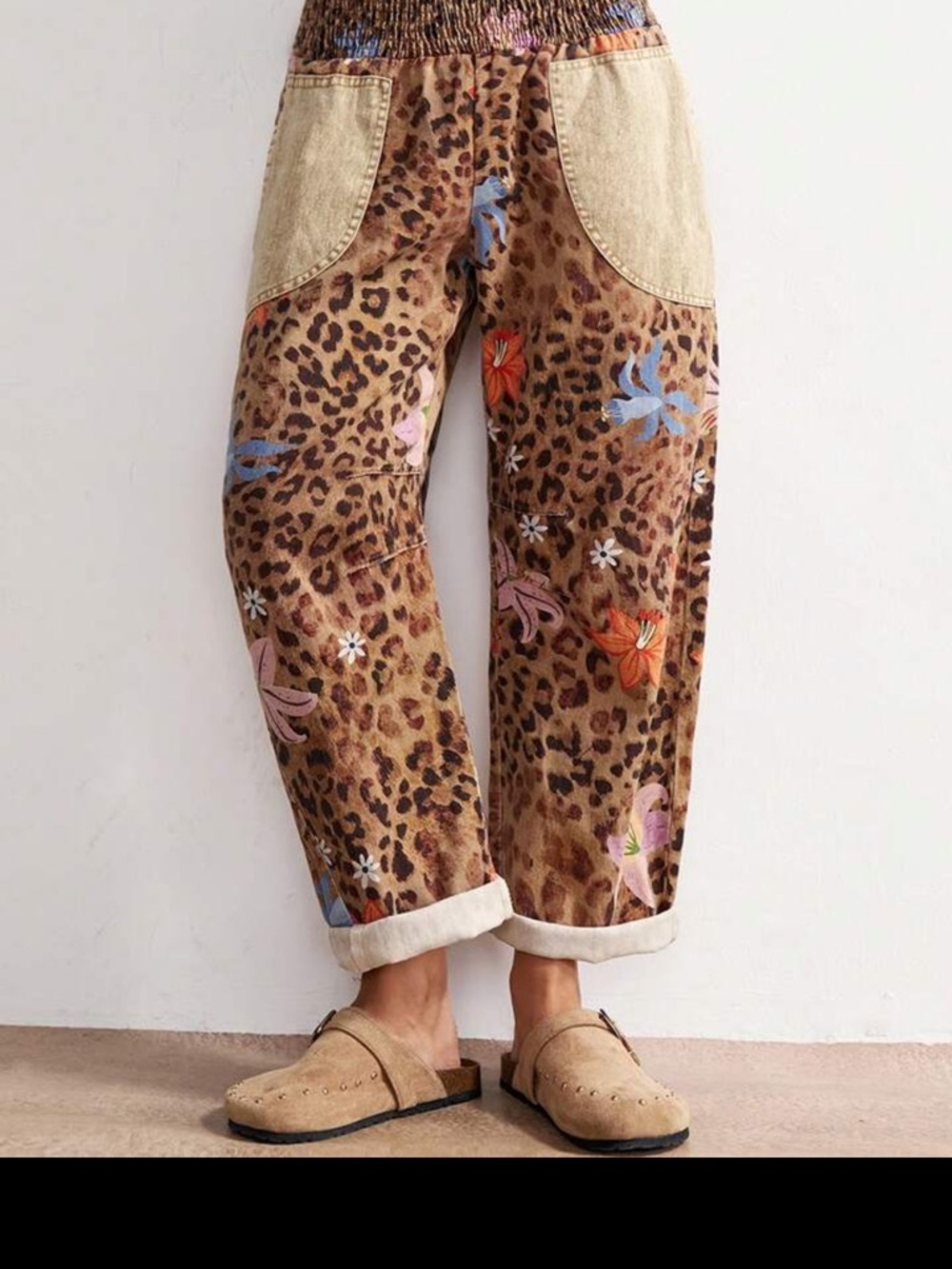 Leopard Floral Print Relaxed Trousers - Brown